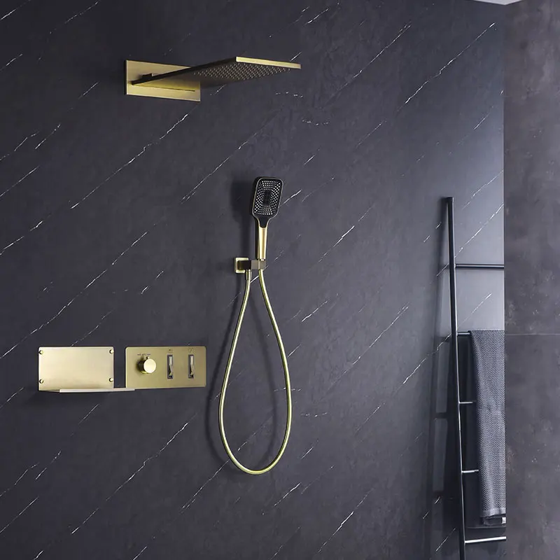 Thermostatic Bathroom Shower Set Wall Mounted Brass Mixer Piano Button Hidden Jet Massage Spray Mode Hotel