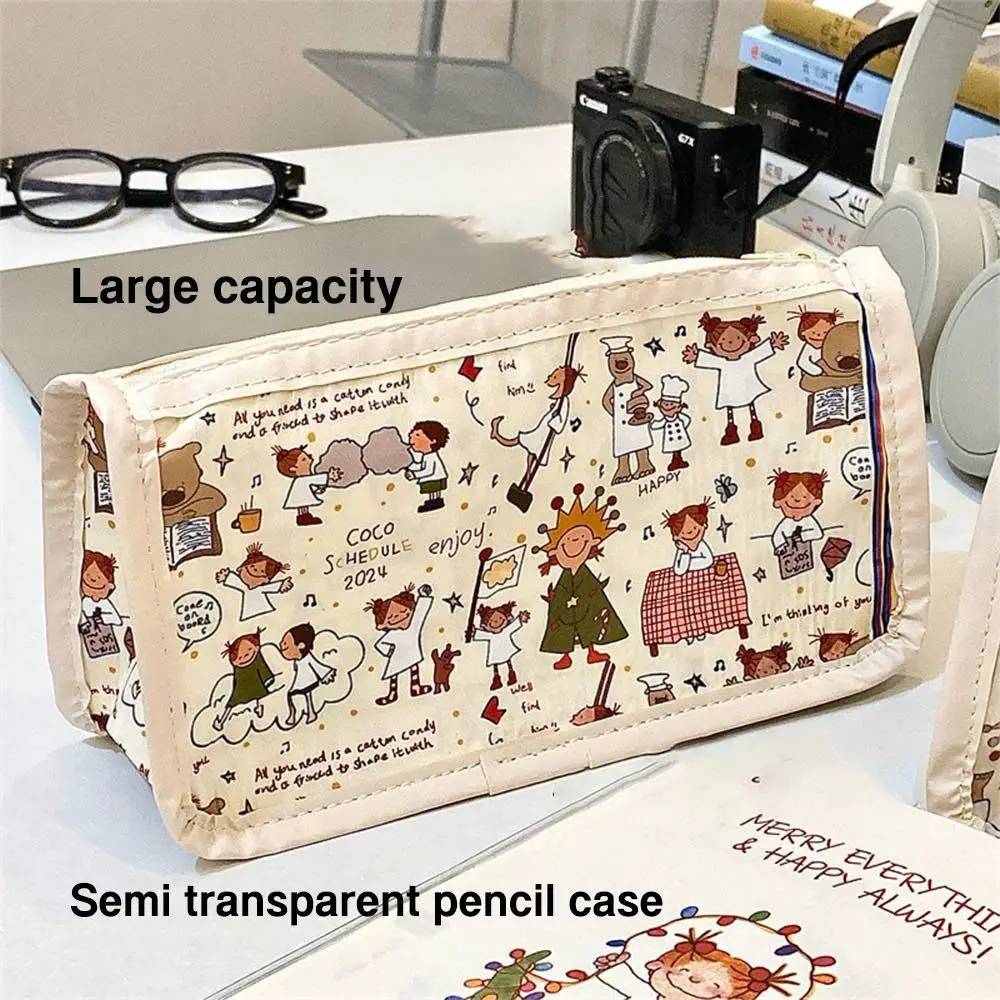 Cartoon Cute Girl Pattern Pen Bag Large Capacity Stable Triangle Base Pencil Case Transparent Pen Box Student Gift