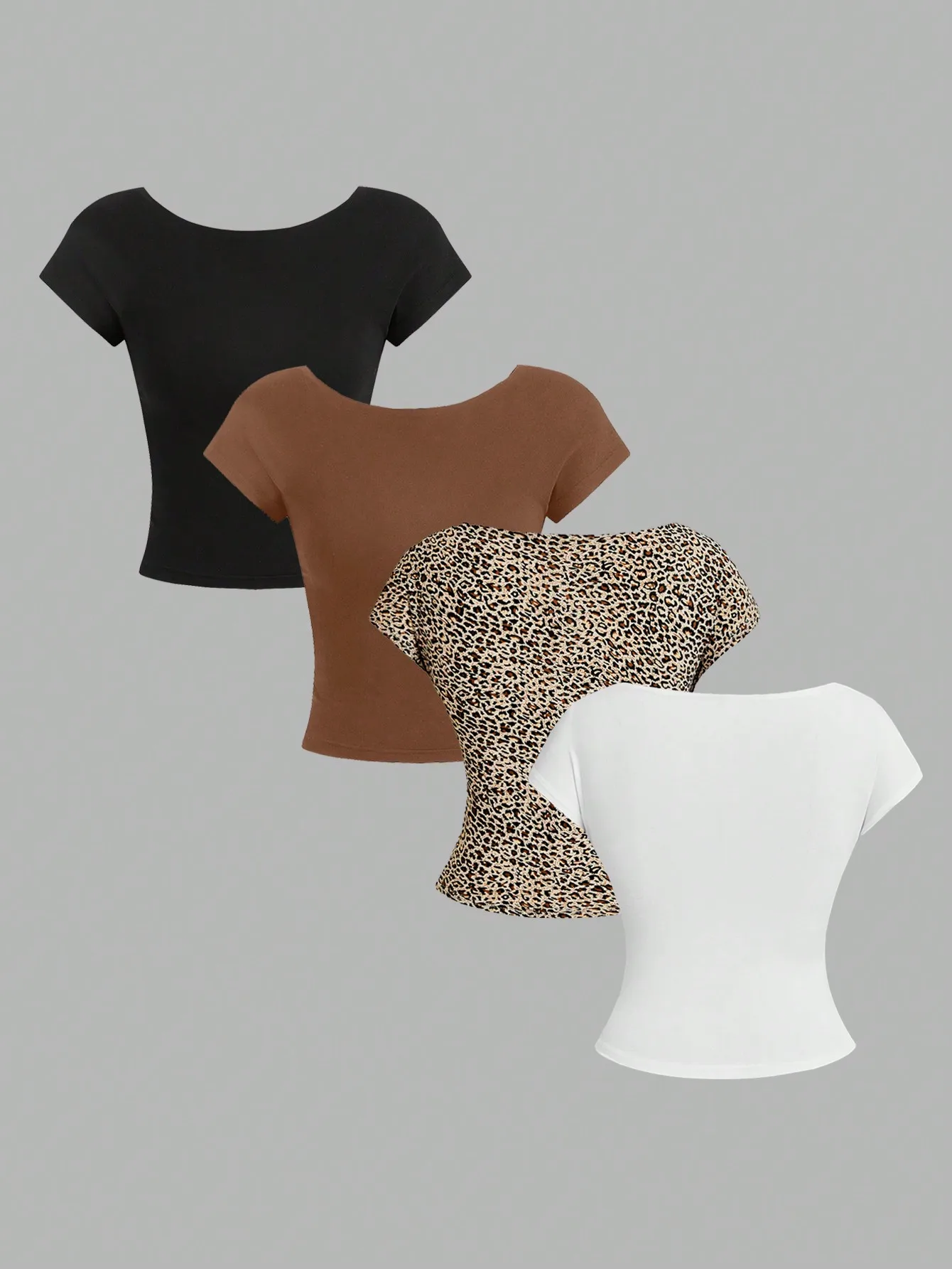 

Европейская и американская весенне-летняя и осенняя однотонная леопардовая футболка с повседневной футболкой с открытой спиной, комплект из четырех предметов