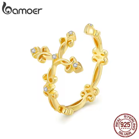 BAMOER 925 Sterling Silver Retro Pattern Cross Ring for Women 14K Gold Plated Flower Rings 3 Colors BSR041