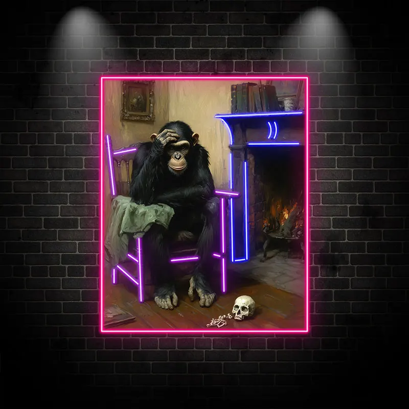 Toysign Custom Neon Light, Neon Reflective Monkey in Thought Poster - Retro Fireplace Scene, Ideal Wall Art for Lounge or Study