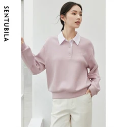 SENTUBILA Patchwork Spliced Sweatshirt for Women 2024 Winter Cotton Casual 2 in 1 Pullover Embroidery POLO Neck Tops 143A56445