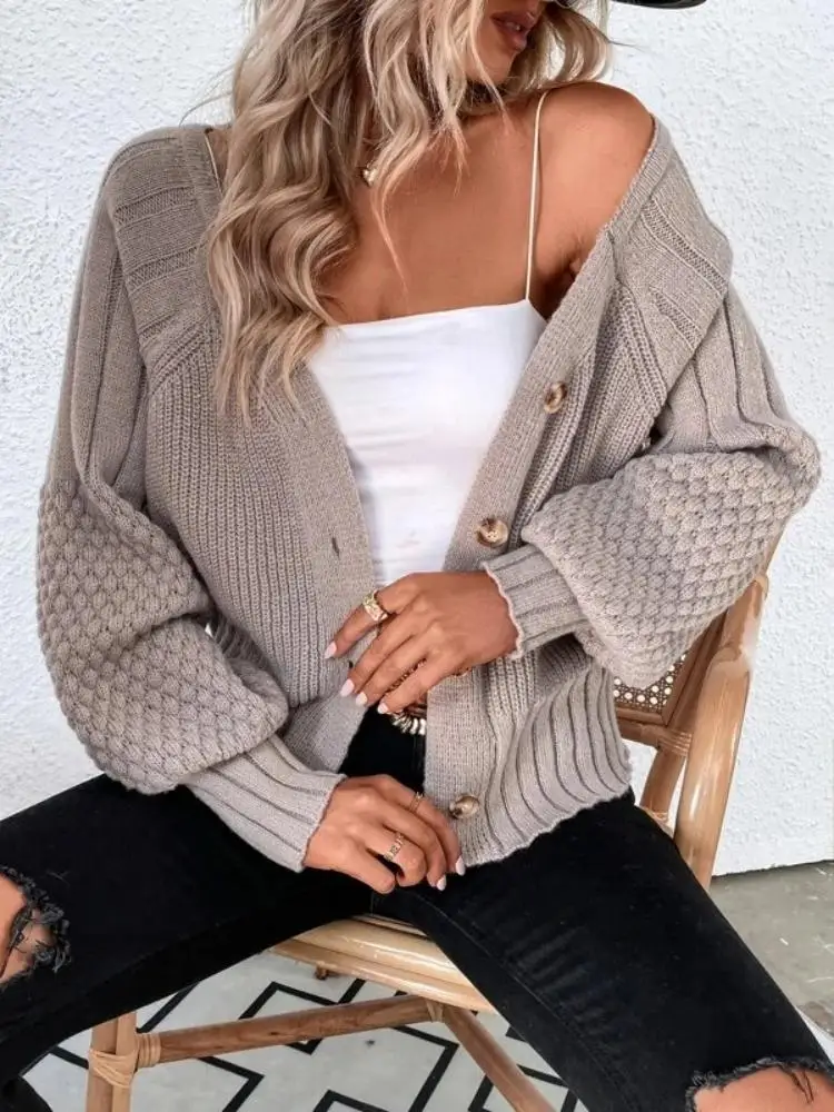 Women\'s autumn and winter V-neck solid color long sleeve cardigan texture knit cardigan button sweater coat