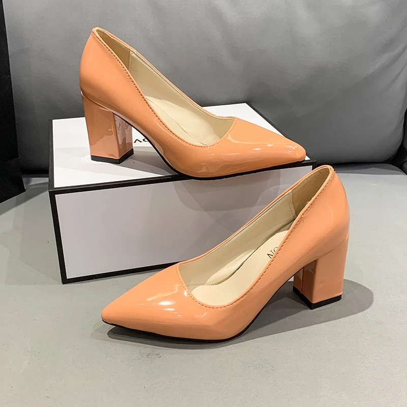 Women\'s High Heels Shoes Spring Summer Candy Colors Pu Leather Chunky Heel Female Pumps Pointed Toe Party Dress High Heels 2022