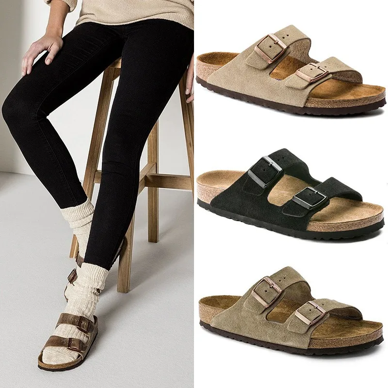 High Quality Wholesale Men Buckle Straps Cork Rubber Sole Sandals with Comfortable Cow Suede Foot Bed slippers