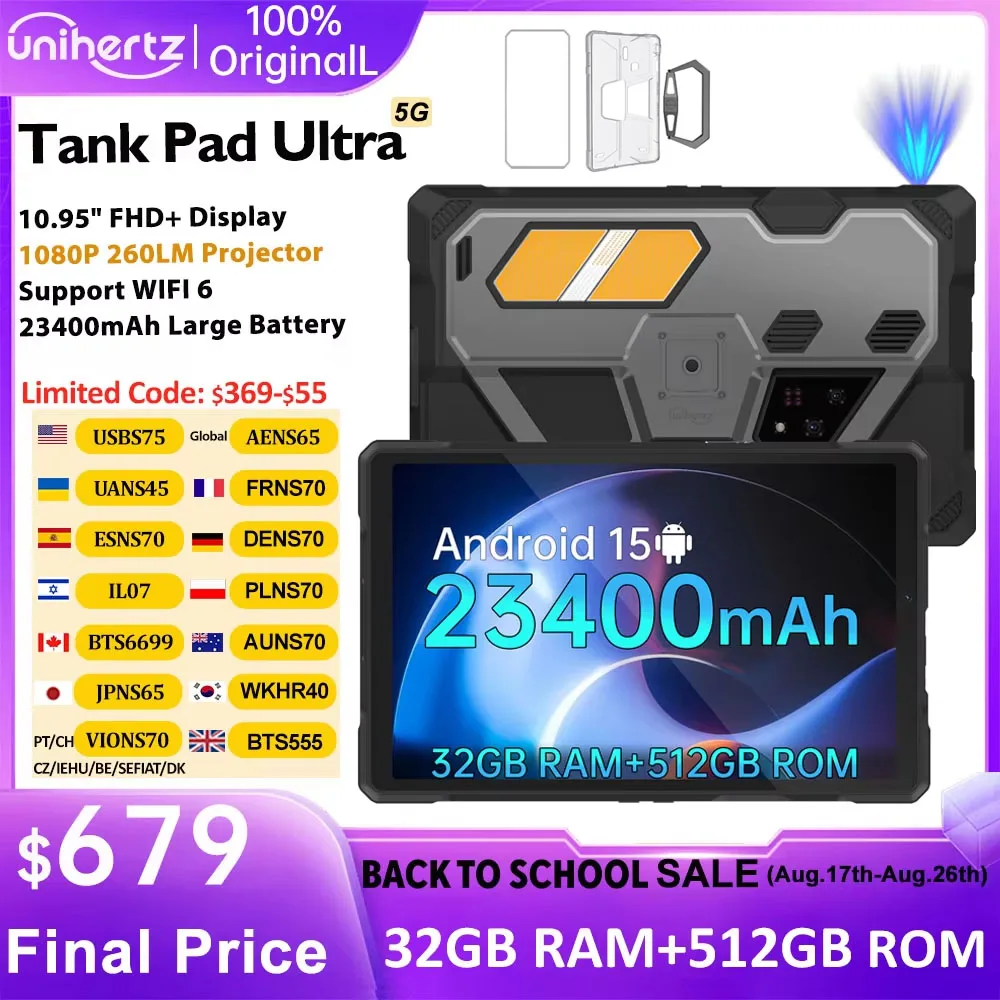 Защитная накладка 8849 Tank Pad Ultra для защищенного планшета Unihertz с проектором 260 люмен 1080P, 23400 мАч, 32+512 ГБ, Wi-Fi 6, 5G, Android 15, Dimensity 8200