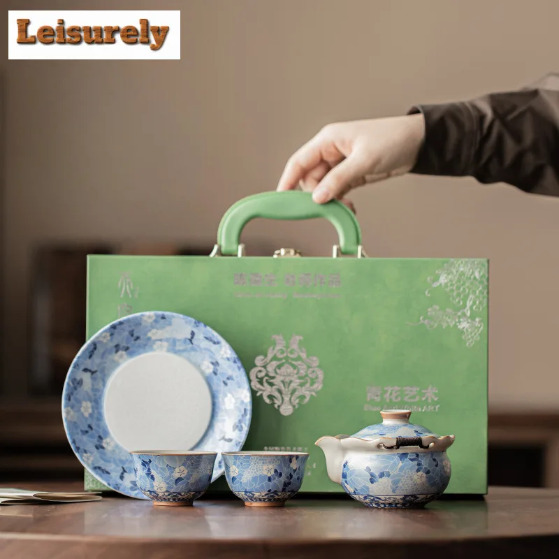 

Blue and White Ru Kiln Porcelain Tea Set Complete Set Handmade Tea Ceremony Set Tea Making Teapot and Tea Cup Set Teaware Craft