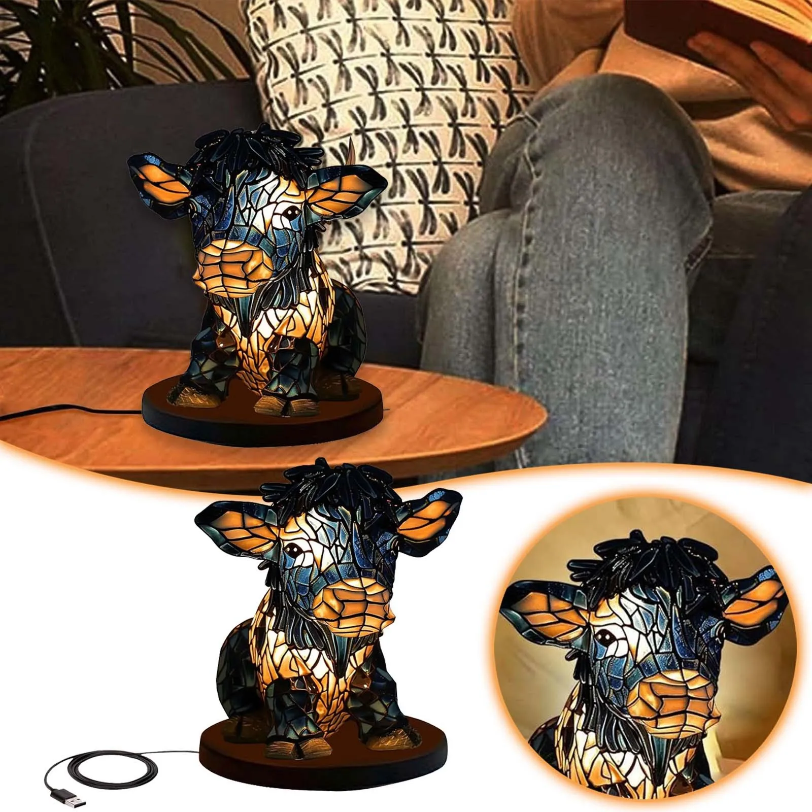 Cow Table Lamp Bedside With USB Ports Living Room Bedroom Dormitory Office Ornament Table Portable Lamp Beautiful Night Light