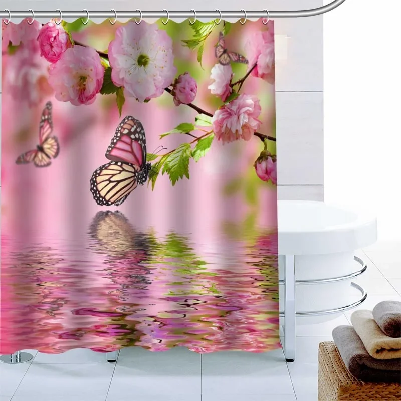 Elegant Butterfly Shower Curtain Palm Decor Waterproof Polyester Fabric Bath Curtain 180X180cm Eco-friendly Bathroom Curtain