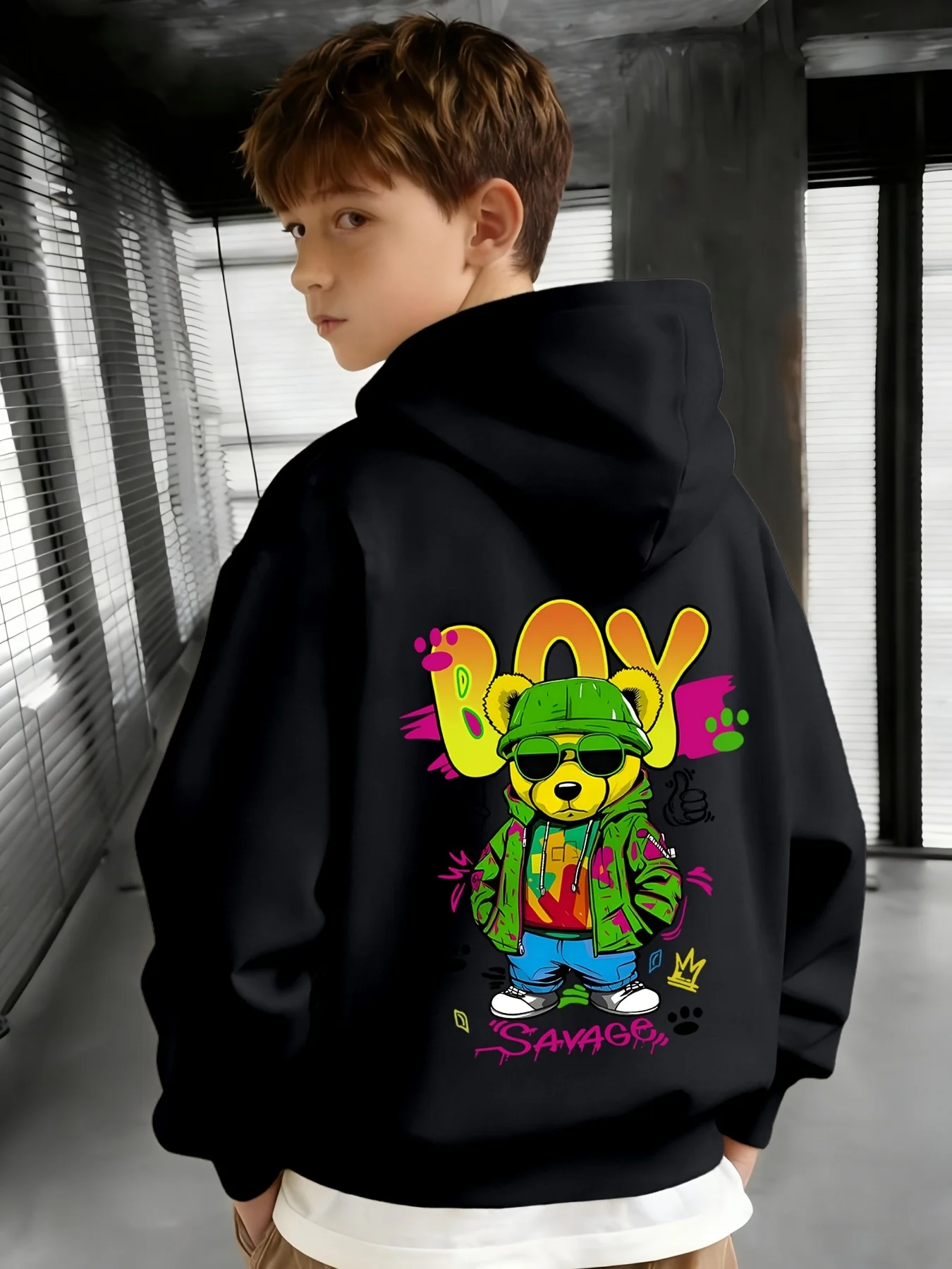 Sweatshirt with Printed Cartoon Cool Bear and 