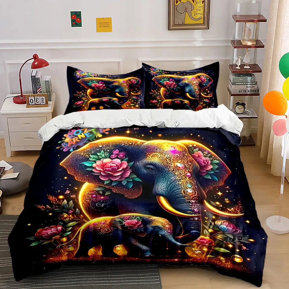 Dreamy Golden Warm Two Elephants Duvet Cover Set with 3D Printing Design Soft Polyester Bedding Set All-Season Comfort