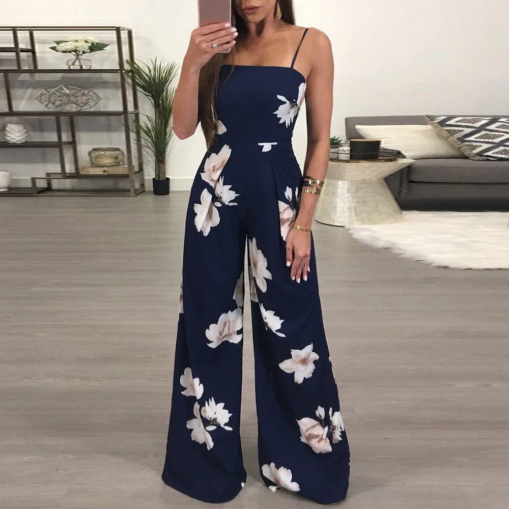 Women's Floral Printed Sling Jumpsuit Adjustable Shoulder Strap Back Hollow Out Wide Leg Long Rompers Summer Elegant Jumpsuits