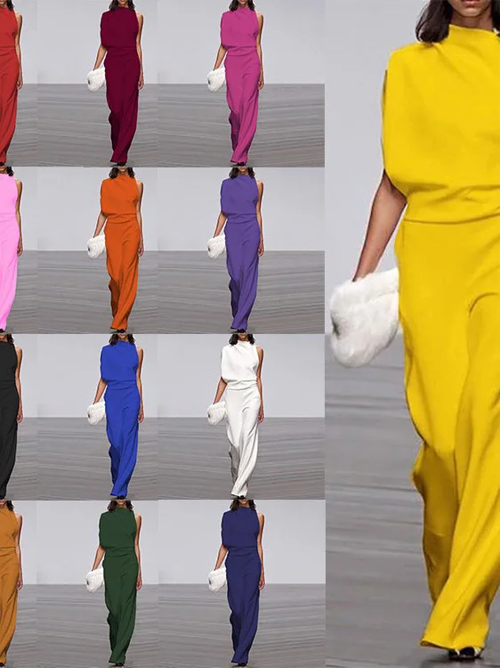 

Ladies Color Single oulder Pile Collar Jumpsuit Street Sle High Waist Long Pants Knitted Polyester Casual Suit