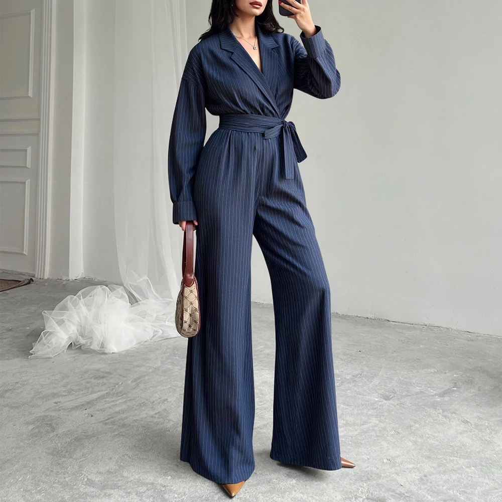 

Mia Muse Boutique Women's Jumpsuits Autumn Winter Simple Daily Office Lady Stripes Lace-Up Full Length Casual Pants Jumpsuits