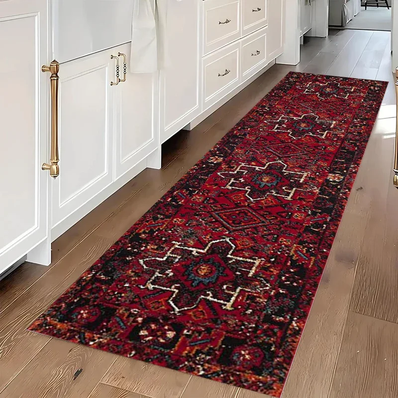 Vintage Persian Red Geometric Runner Rug Non Slip Tribal Print Carpet for Kitchen Hallway