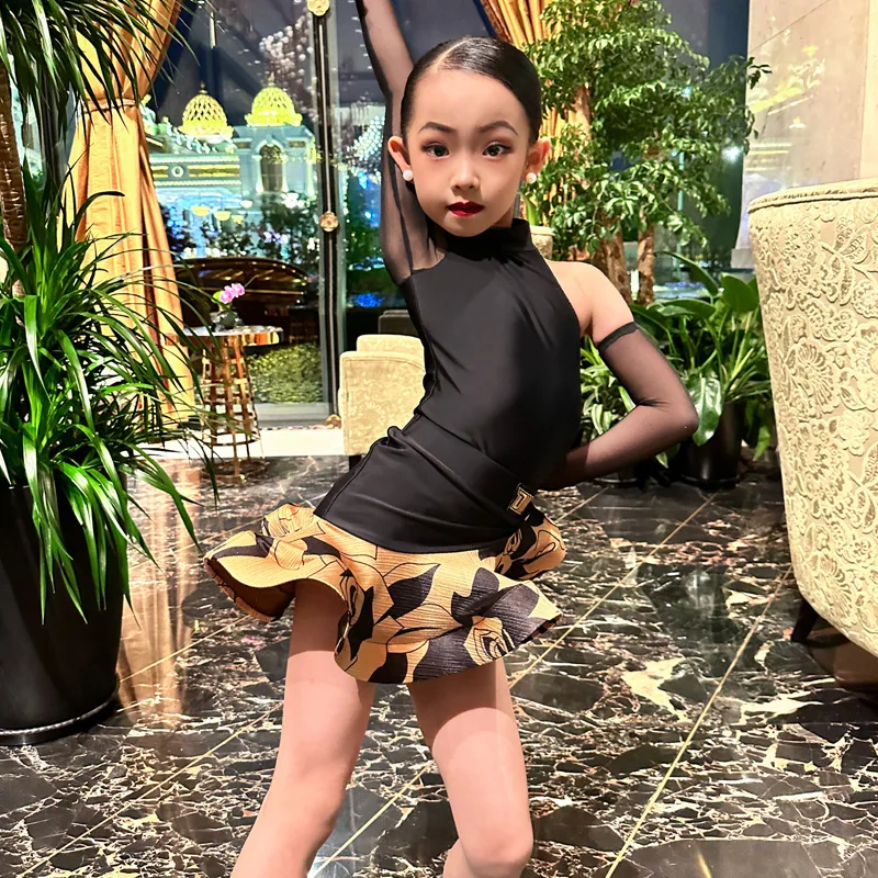 Customized Latin Dance Suit Practice Dress Girls' Professional Competition Performance Dress Black Mesh Printed Skirt Top Set