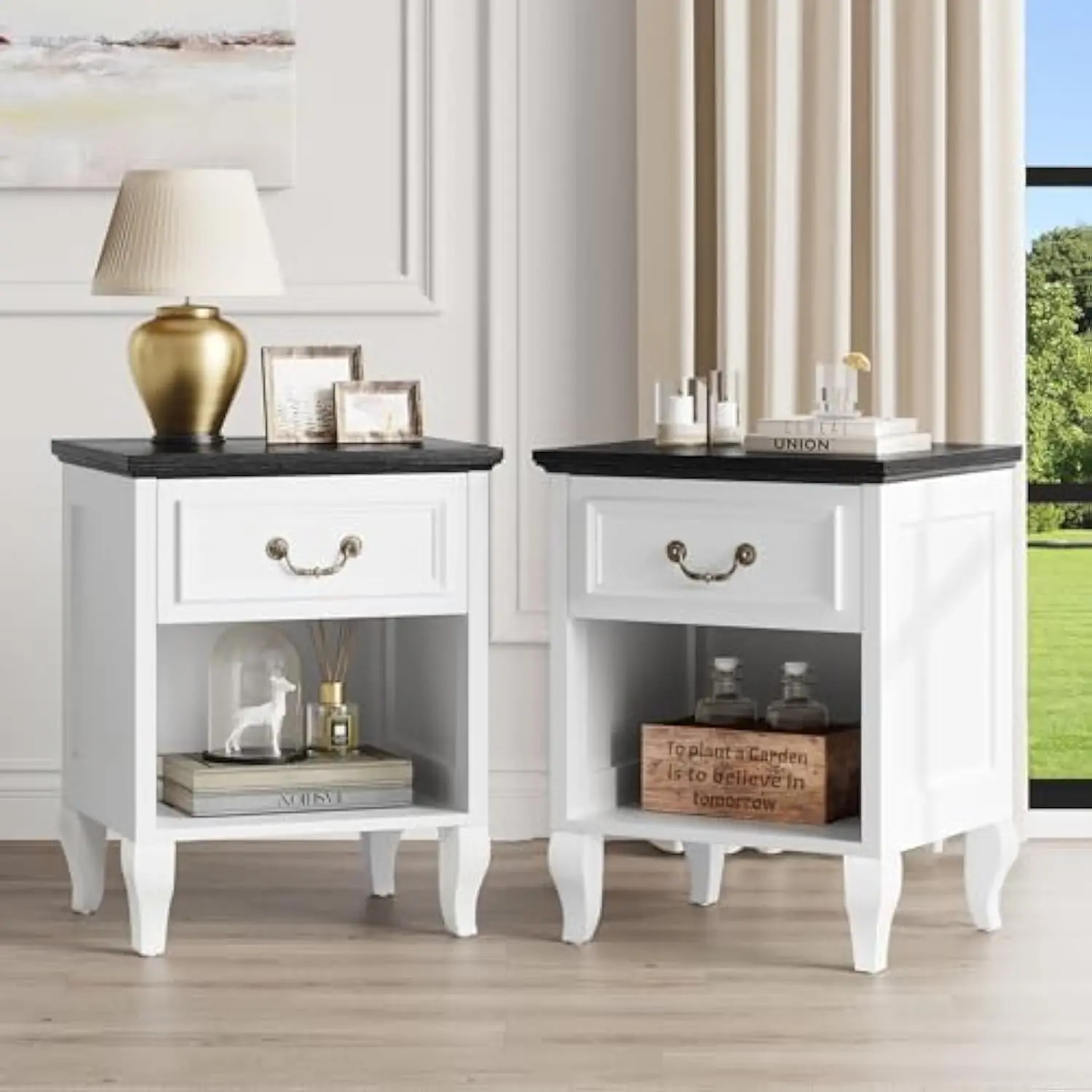 

Night Stand Set of 2, White Wood Nightstand with Drawer and Open Cubby, Farmhouse Bedside Table with Large Storage, End Table f