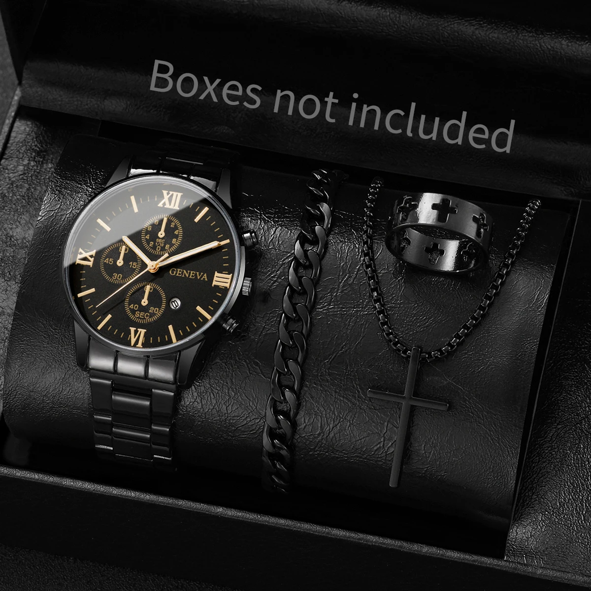 4pcs/set Men's Trendy Watch Bracelet Necklace Ring Set Hip Hop Style Casual Men's Cool Quartz Watch Set (No Box)