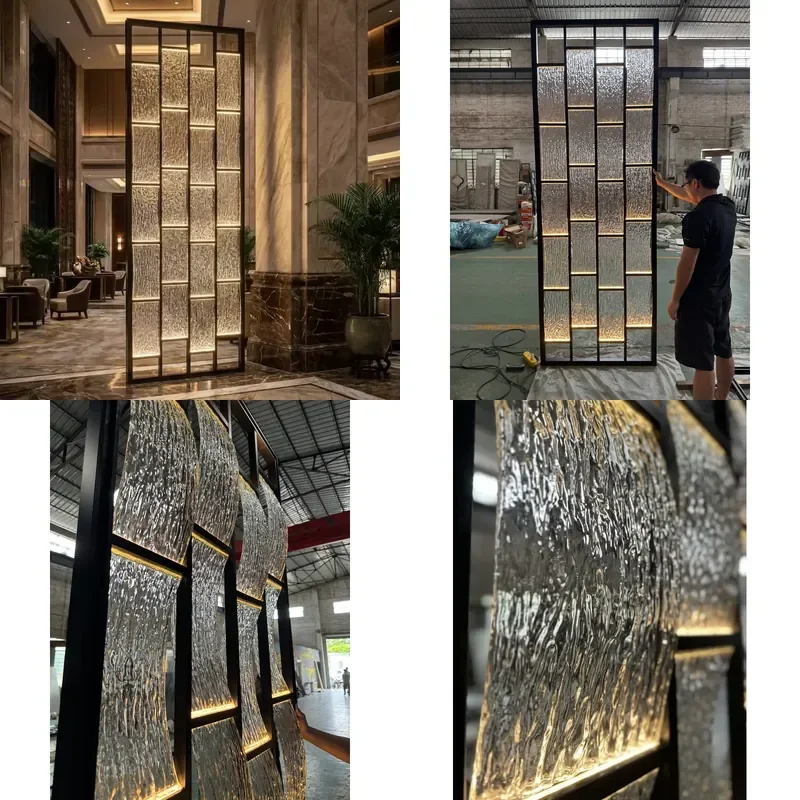 Modern Luminous Glass Compartment with Stainless Steel Frame Textured Wave Glass for Villa Restaurant Office Decor