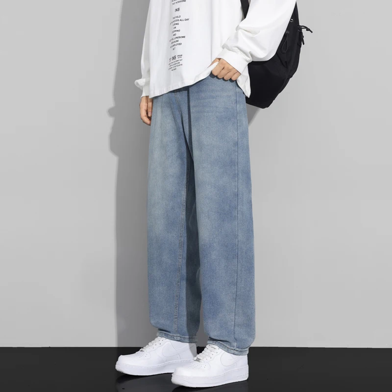 개인화 된 포켓 빈티지 청바지 남성 패션 성격 느슨한 바지 한국 캐주얼 스트레이트 데님 바지 남성 가을 의류