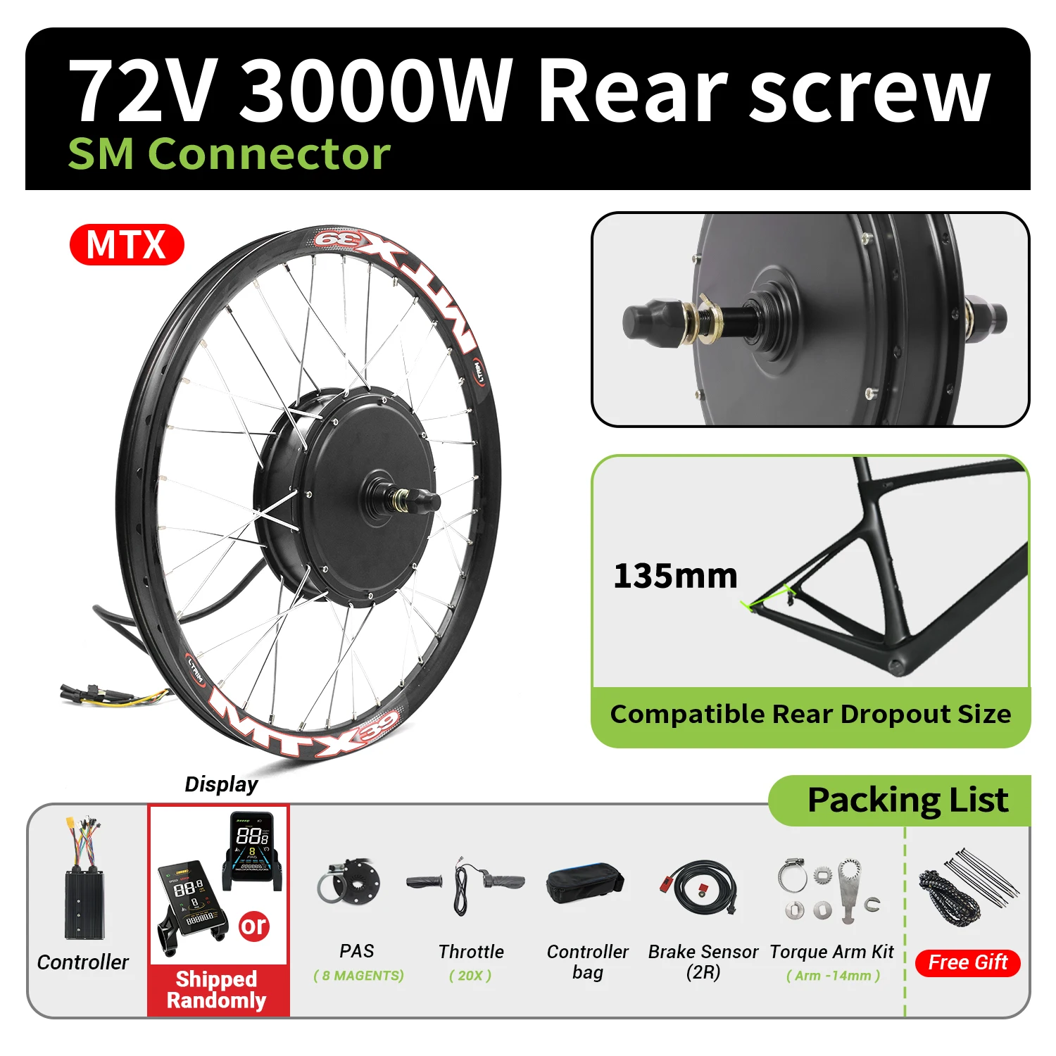 Esoulbike 72V 3000W elektrische fietskit, achterwielnaafmotor voor 26-28 inch 700C fiets, ombouwkit