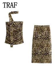 TRAF Leopard Printed Midi Skirt Sets Women 2 Piece Set Sexy Off-Shoulder Halterneck Tube Top Women's Suit Women Outfit