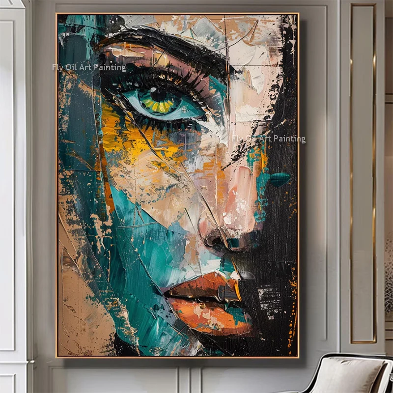 Handpainted Abstract Beige Women Face Canvas Artwork Large Original Green Brown Girls Portrait Oil Painting For Bedroom Decor