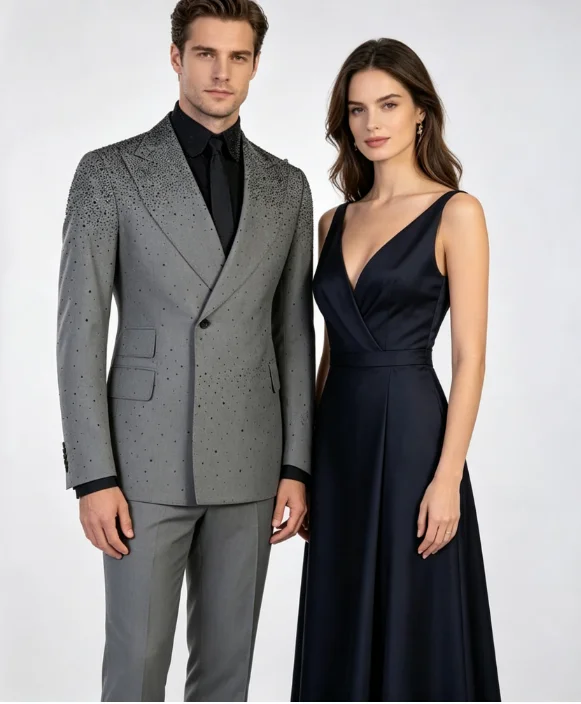 Business Gray Groom Wedding Tuxedos Shiny Diamond Luxuly Party Men Suits Customized Slim Fit Peak Lapel 2Pieces Sets Ropa Hombre