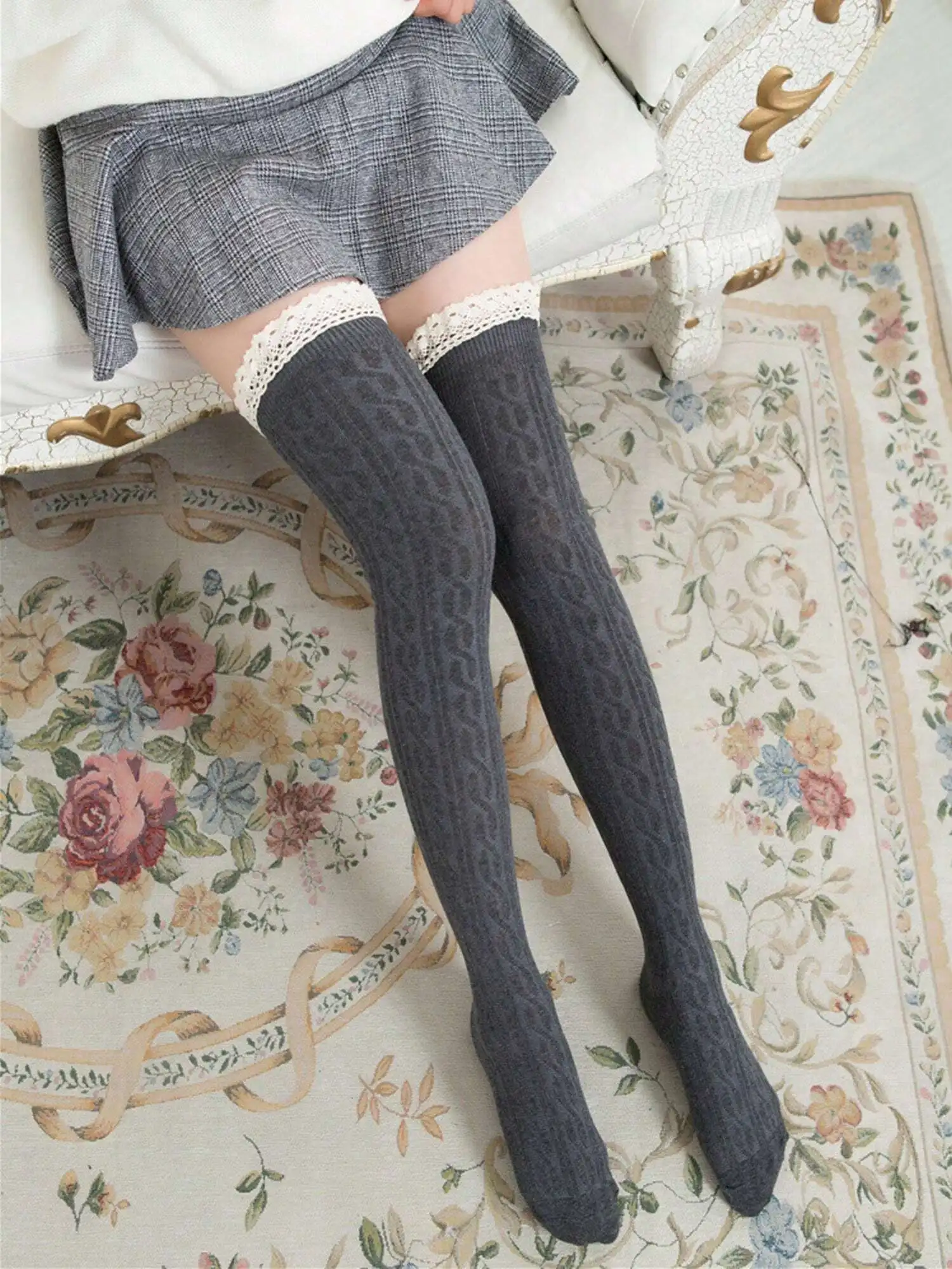 

Женские чулки-ботфорты с узором косичка и кружевной отделкой, непрозрачные зимние чулки