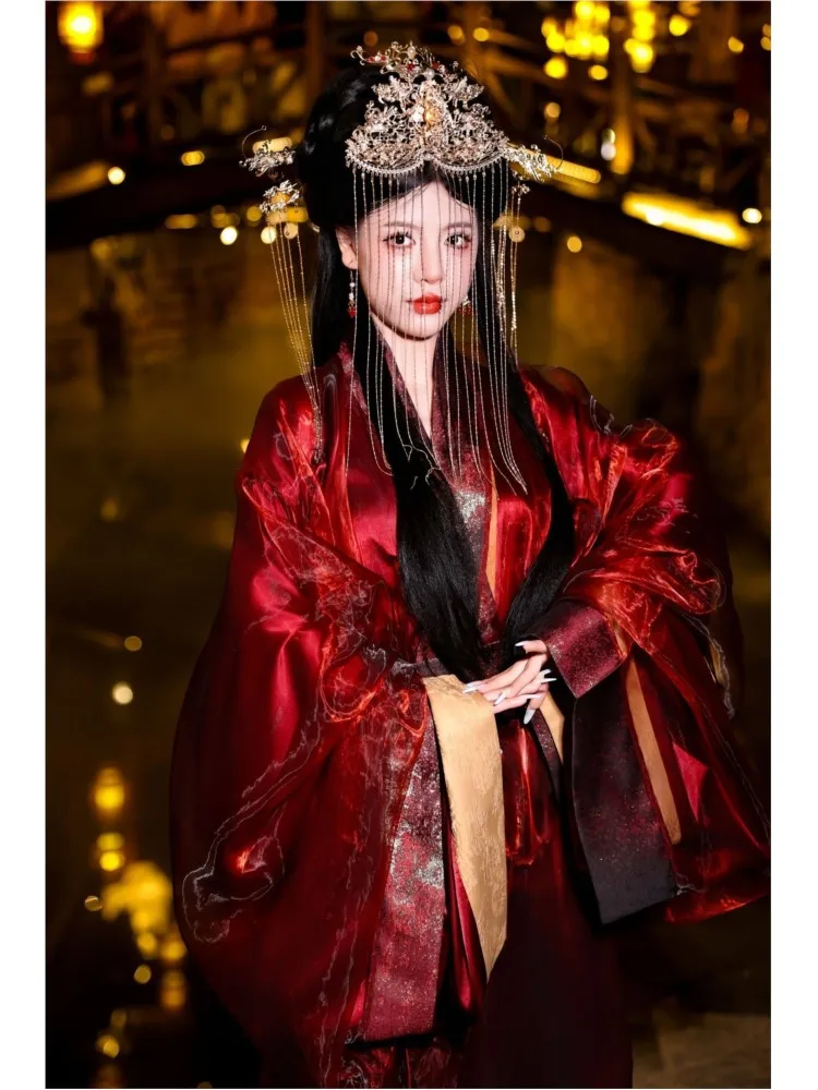 Red robe Hanfu large sleeves long tail cross-collar and straight skirt ancient-style dance performance costume