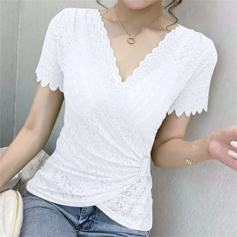 

Women Lace Tops 2022 Summer New Short Sleeve V-neck Women Blouse Tee Shirt Sexy Hollow Lace Slim Tops Oversize 4XL Blusas Female