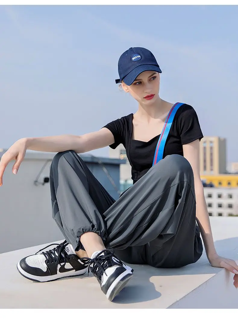 여름 소녀 얇은 lce 실크 넓은 다리 바지 여성 캐주얼 Hiah 허리 스트레이트 LegTrousers 레이디 편안한 새틴 패브릭 바지