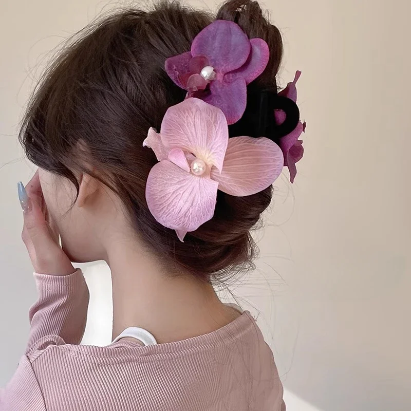 Purple Butterfly Orchid Hair Claws Floral Hairpin for Women Girl Sweet Pearl Floral Hair Accessories 2024 NEW Vacation Headwear