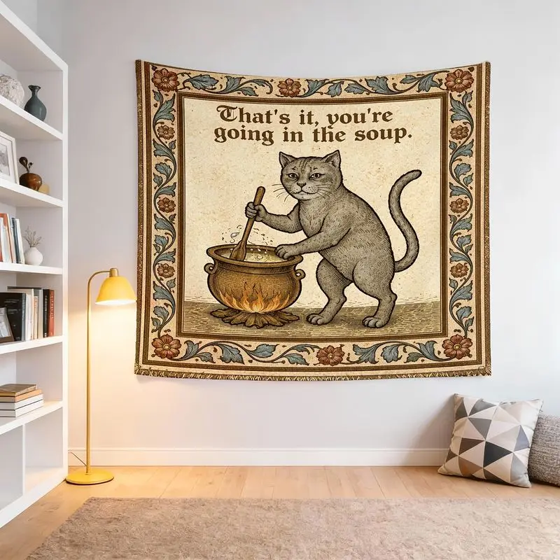 VIKAMA Wall Tapestry Retro Funny Cat Soup Tapestry Medieval Illustration That's It You're Going In The Soup Text Printing