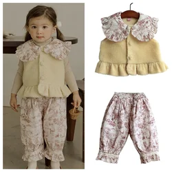 2024 Toddler Girl Winter Clothes Kids Girls Plush Cute Print Lace Vest Waistcoats