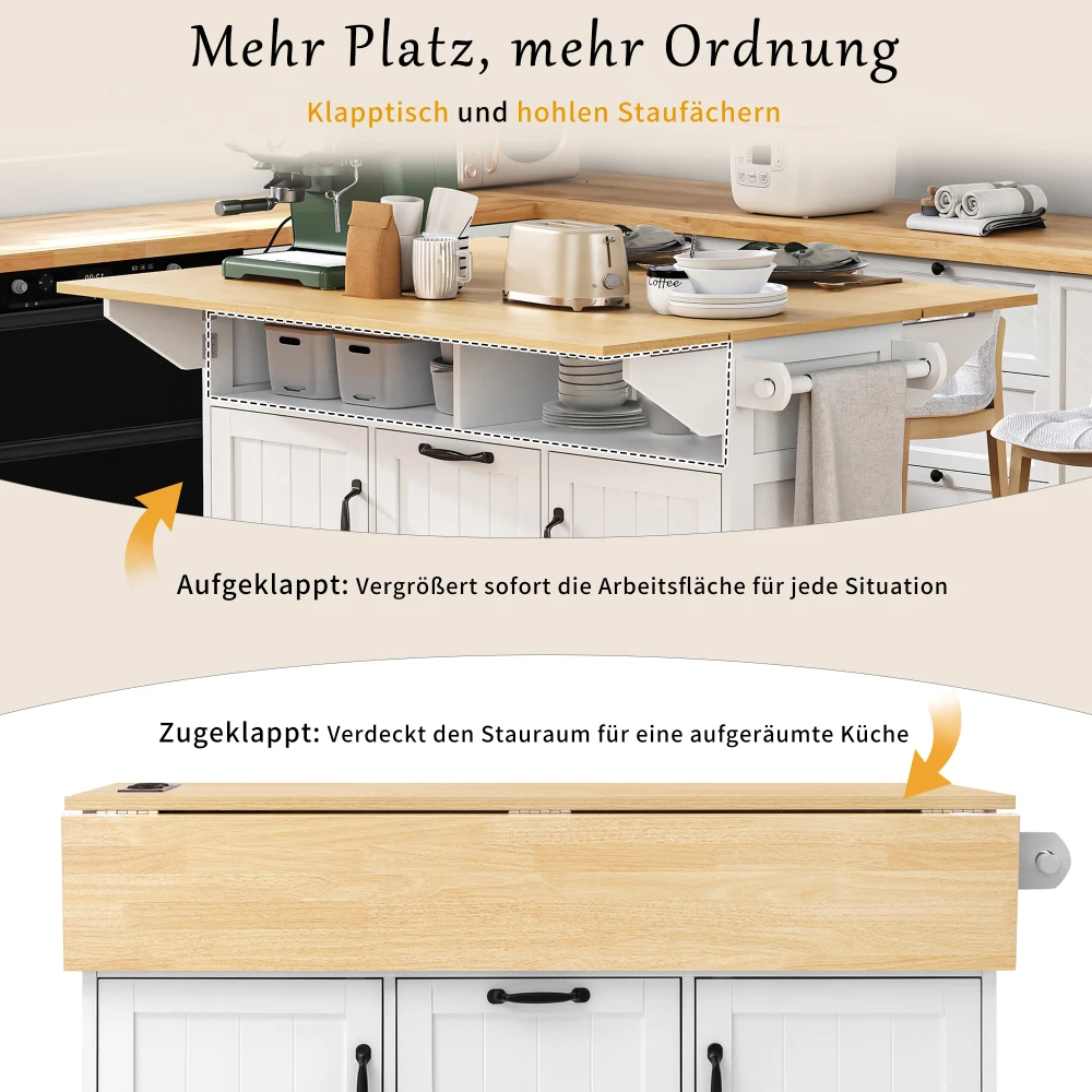 Kücheninsel mit Rollen, abnehmbarem Esstisch, mit Schubladen und Handtuchhalter, mobiler Küchenwagen mit Steckdosenstangen – Detail 31