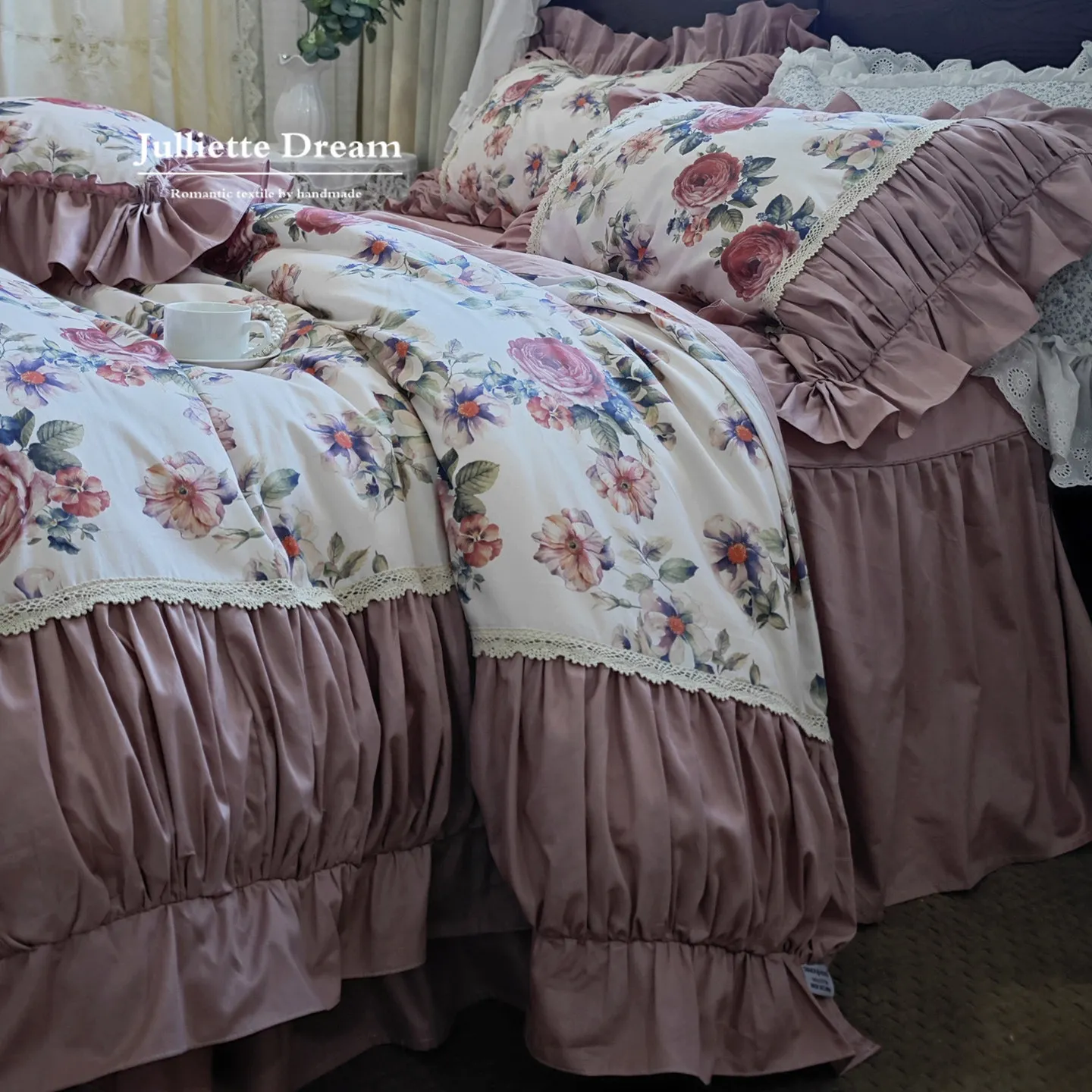 Glena 120s High-Country Cotton Bedding Set, French Vintage Princess Style Floral Lace Ruffle Bed Skirt, 4-Piece Duvet Cover Set