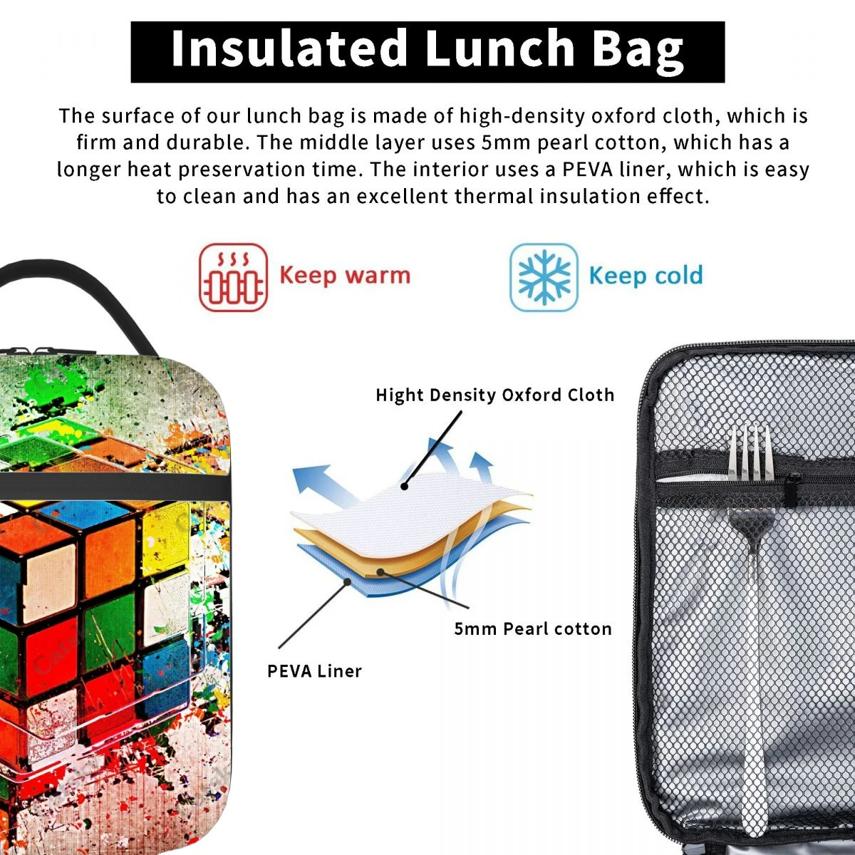 Math Rubiks Rubix Cube Portable Aluminum Foil Thickened Insulated Insulated Lunch Bag Waterproof Insulated Lunch Tote Bag