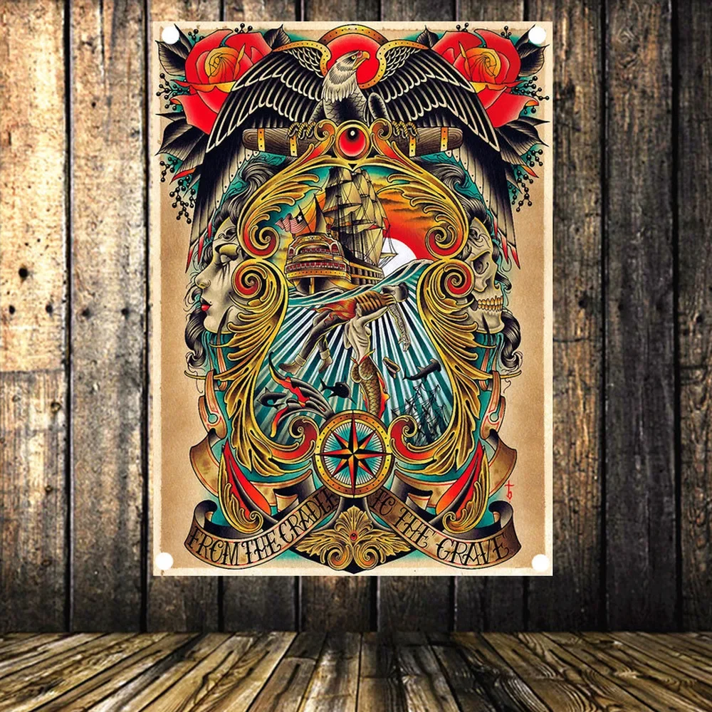 FROMTHE CRADLE TO THE CRAVE Vintage Banners Flag Canvas Painting American Neo Traditional Tattoo Gun Art Poster Tapestry