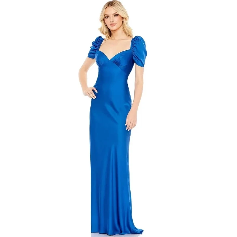 

New Elegant Royal Blue Bubble Sleeve Backless Mermaid Long Dress Luxury Fashion Women Evening Gown Formal Party Wear