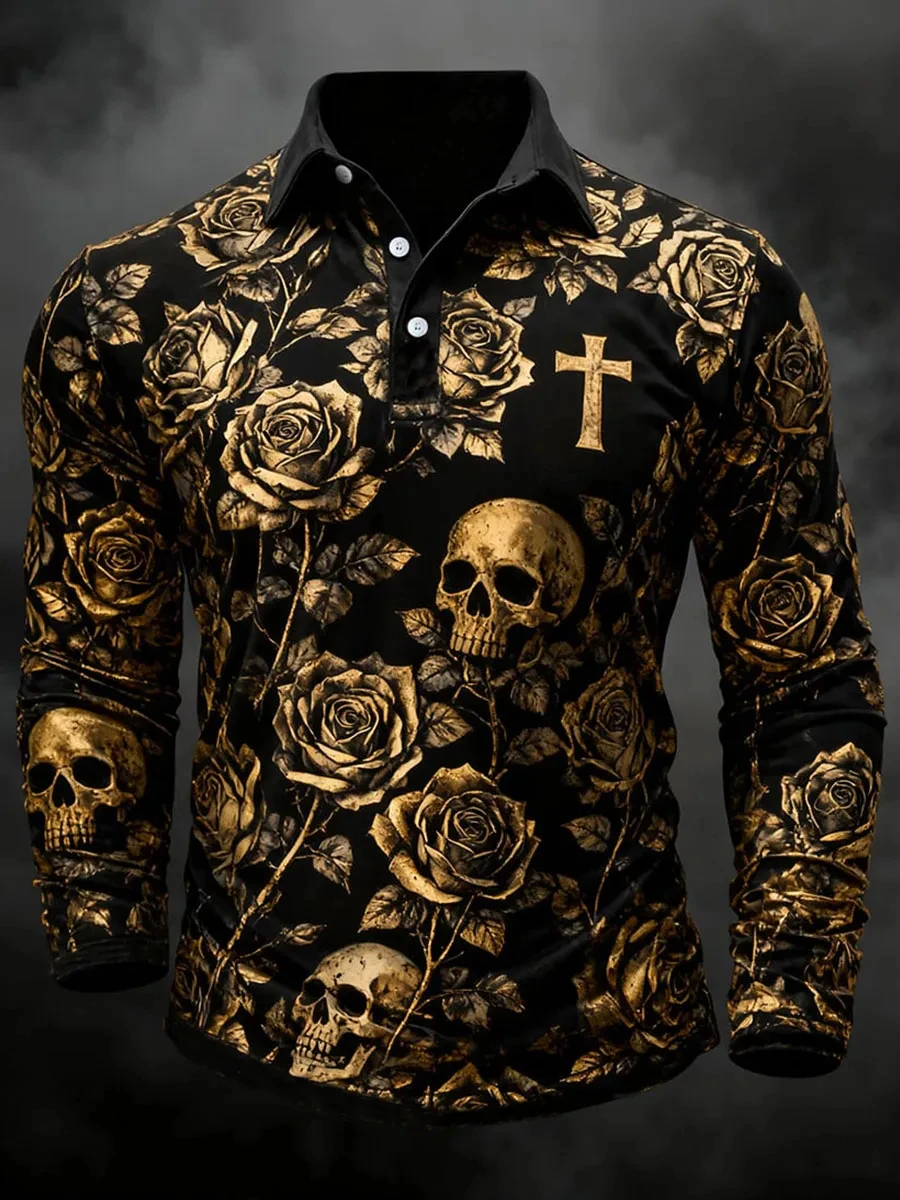 New Men's Autumn Halloween Long-Sleeve Polo Shirt 3D Rose Skull Print Button-Down Collar Loose Fit Festive Street-Style Top