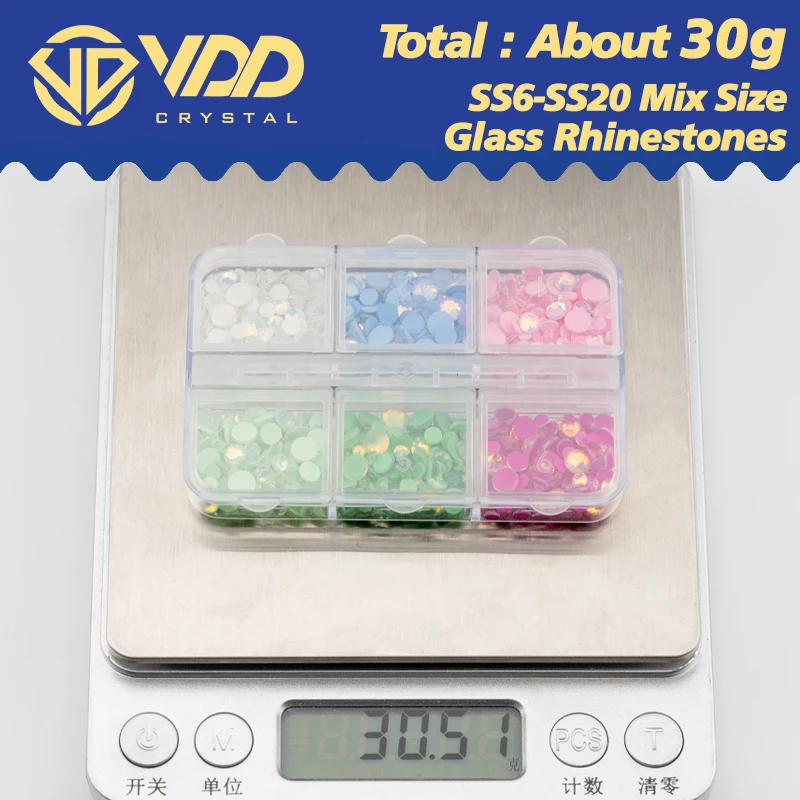 VDD SS6-SS20 Mix Size 6 Grid Box Glass Rhinestones Crystal Flatback Glitter Stones For Nail Art Accessorie DIY Crafts Decoration