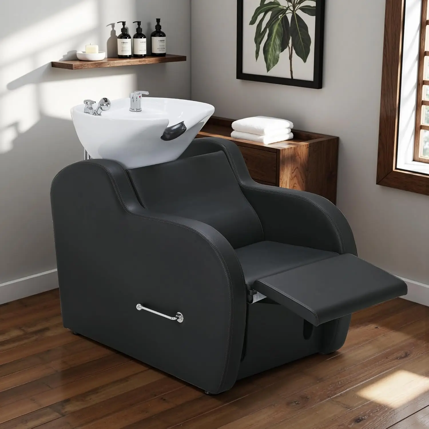BarberPub Backwash Shampoo Unit with Leg Rest, Adjustable Ceramic Hair Wash Bowl Sink and Chair Set