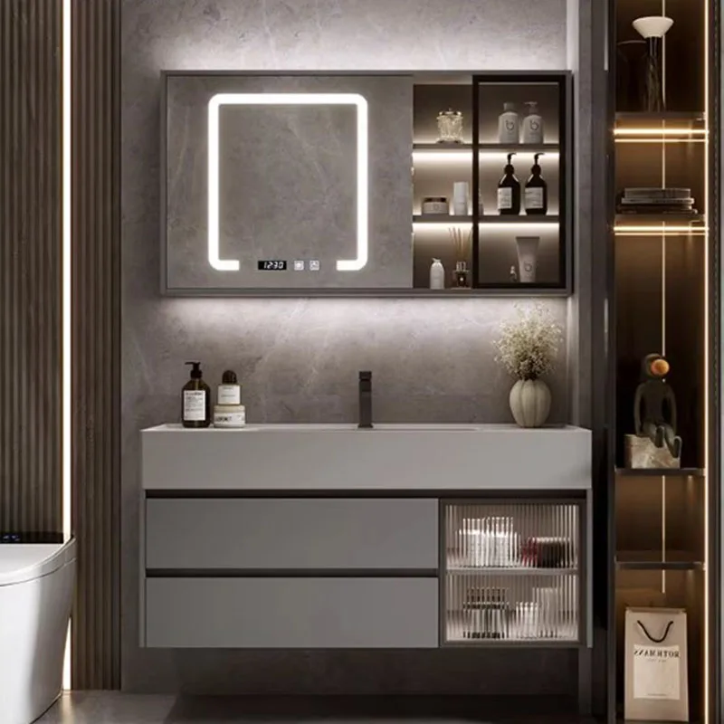 Nordic Modern Bathroom Cabinet Storage Light Mirror Drawers Bathroom Vanity Closet Washroom Mueble Lavabo House Accessories