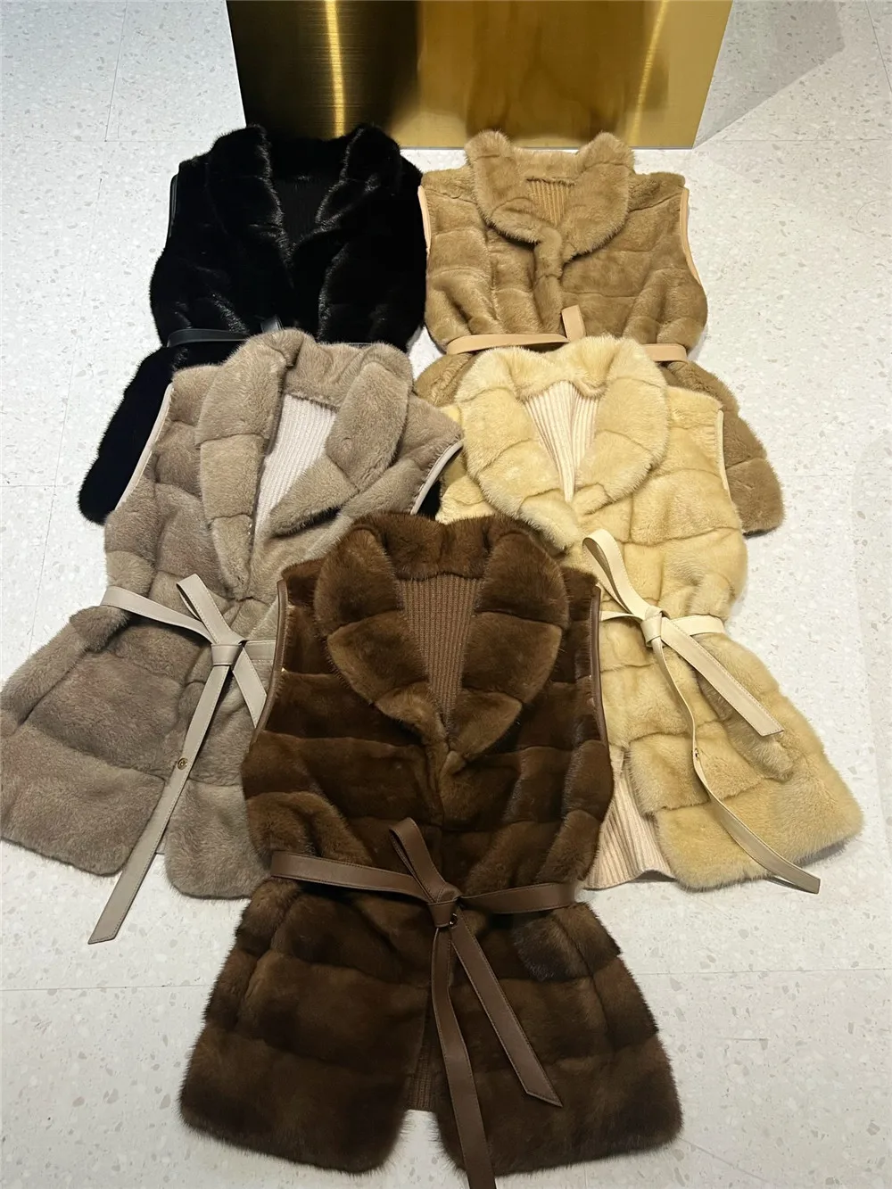 Imported Whole Mink Vest Knitted Cashmere Patchwork Mink Fur Coat Belted Waist Sleeveless Cardigan Jacket