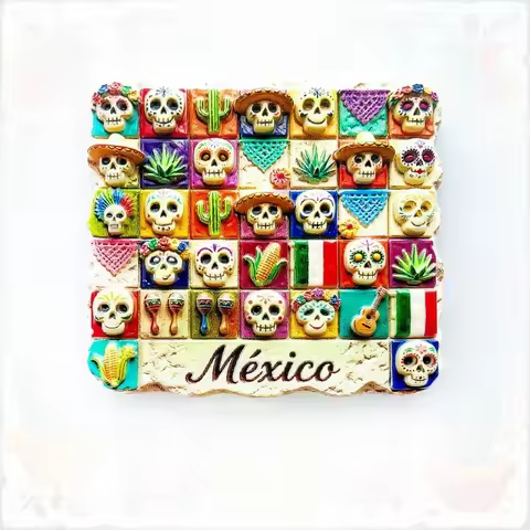 D&iacute;a De Muertos Fridge Magnet - Vibrant 3D Sugar Skull Grid Unique Mexican Festival Souvenir for Travel &amp; Bold Home Decor