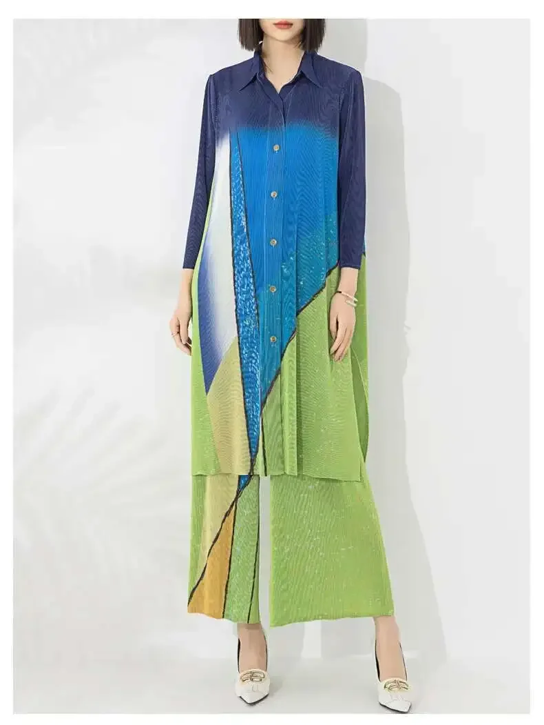 Miyake Contrast Color Print Pleated 2 Piece Set Women Mid Length Loose Tops Wide Leg Trousers Casual 2025 Spring New