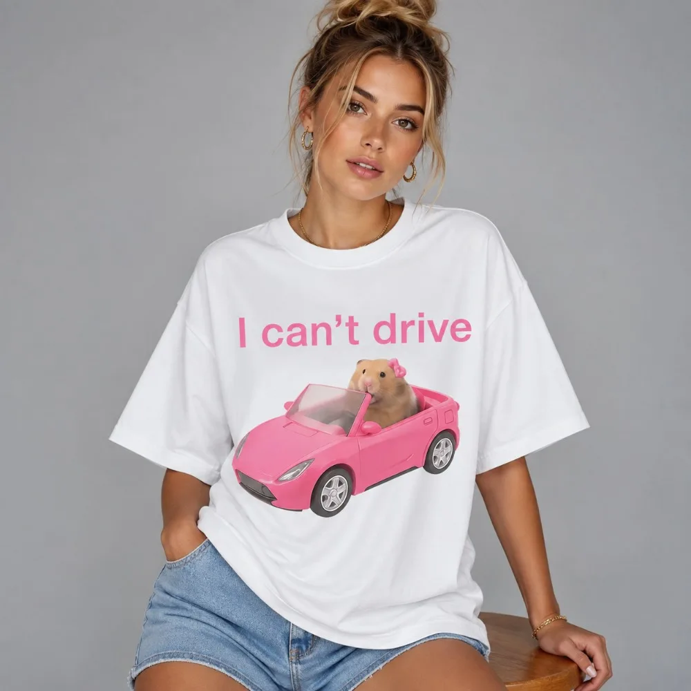 Fashionable “I Can Drive” Funny Hamster Print T-Shirt for Women Casual Short-Sleeve Harajuku-Style Streetwear T-Shirt