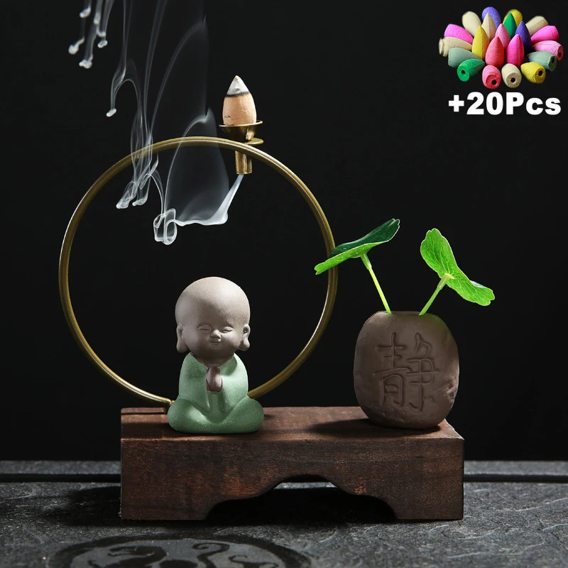 

New Incense Home Decoration Backflow Zen Monk Buddha Lucky Ornaments Green Hydroponic Pot Tea Pet