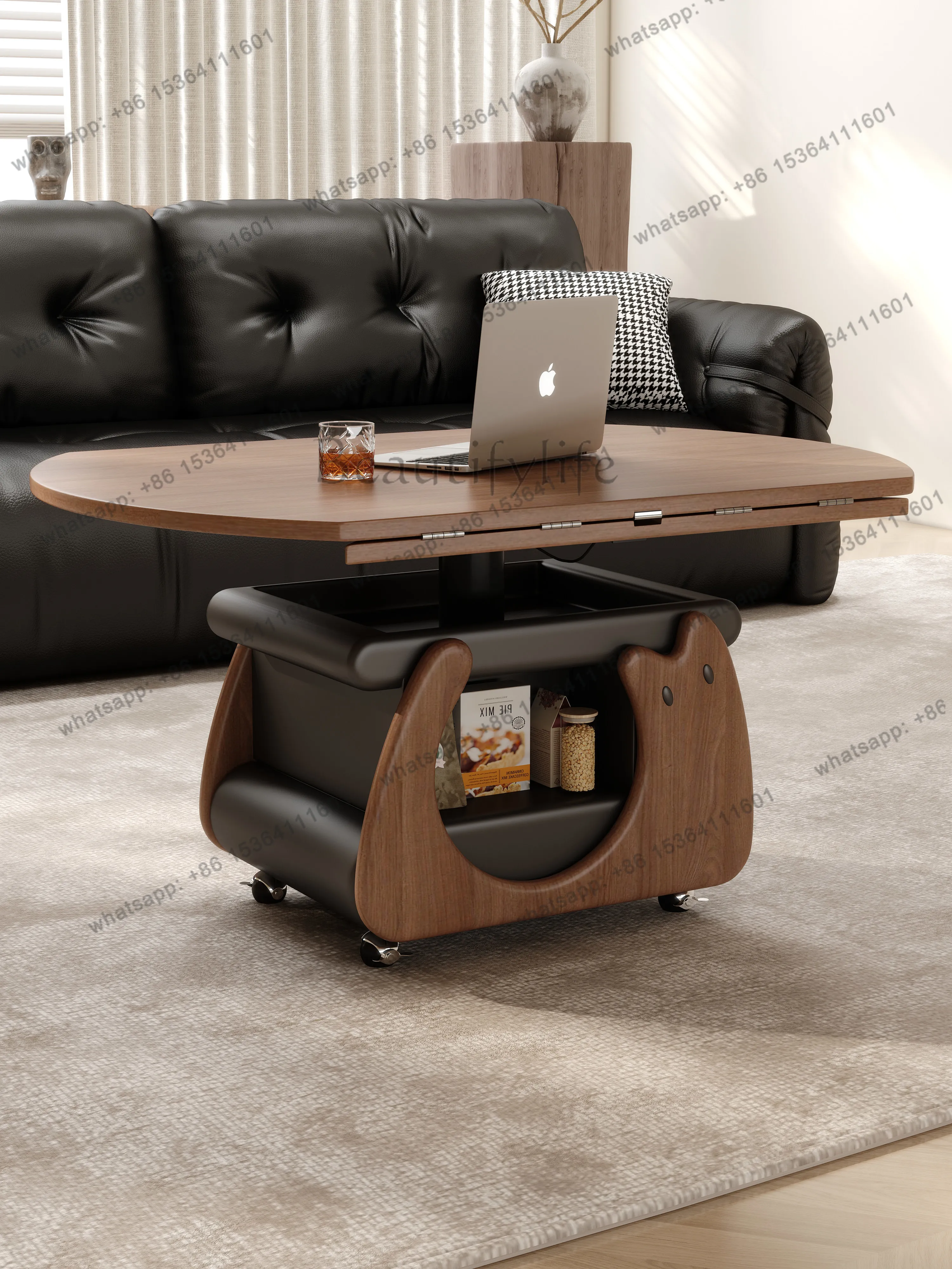 Solid wood lifting coffee table round dining table two-in-one dual-purpose mobile cart